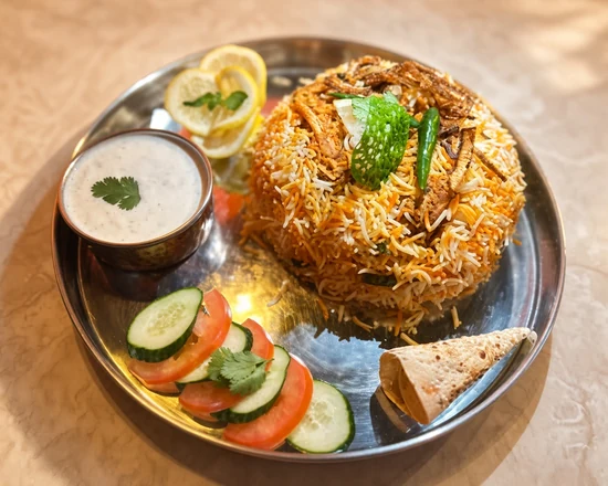 Chicken biryani with raita and sliced vegetables at Lutf Indo-Pak Cuisine