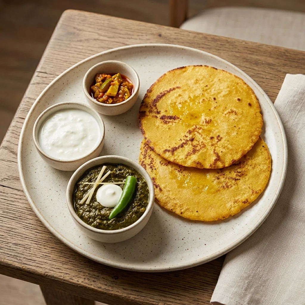 Two flatbreads with white and green side dishes on a metal tray at Lutf Indo-Pak Cuisine
