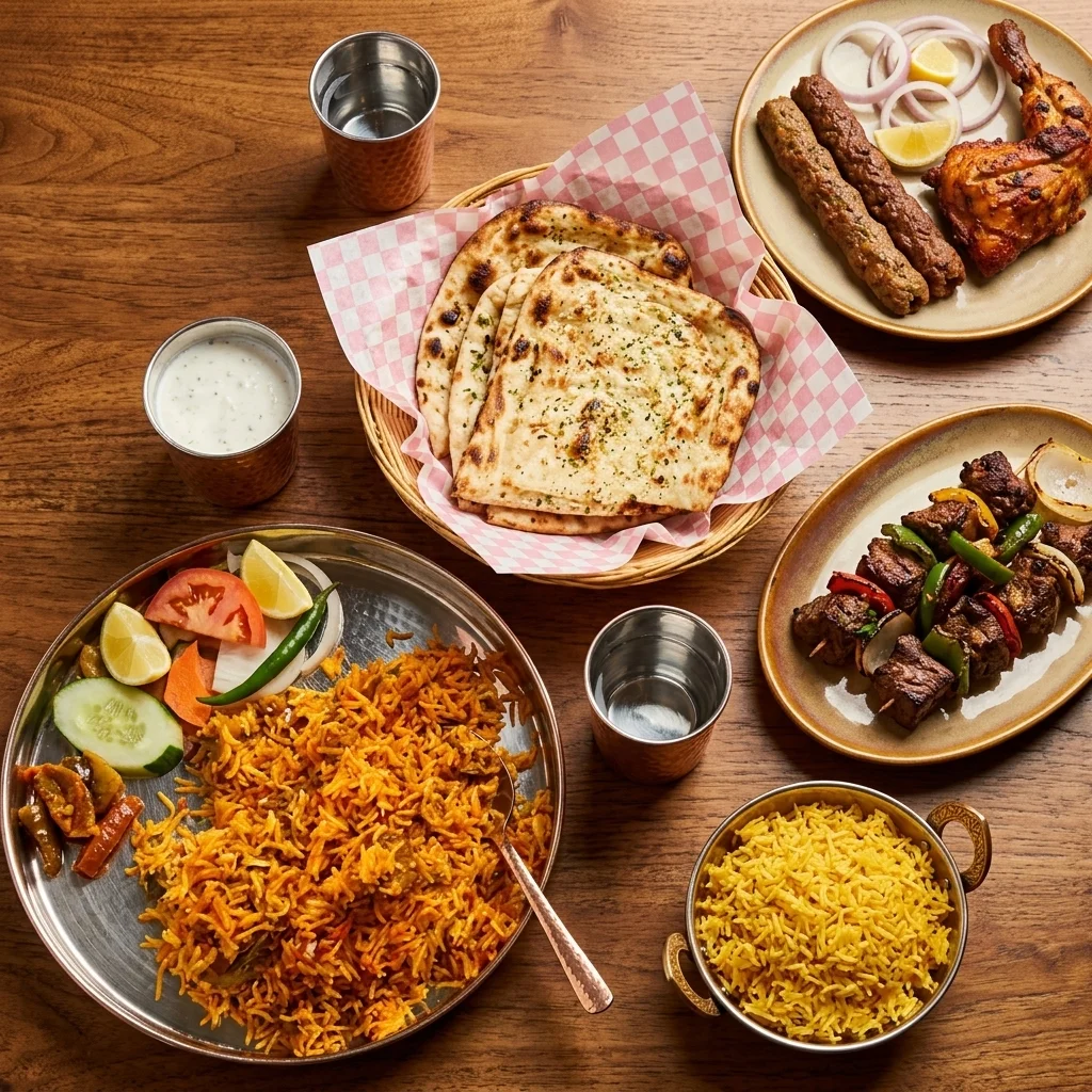 Biryani, garlic naan, seekh kebabs, tandoori chicken and boti kebab spread at Lutf Indo-Pak Cuisine