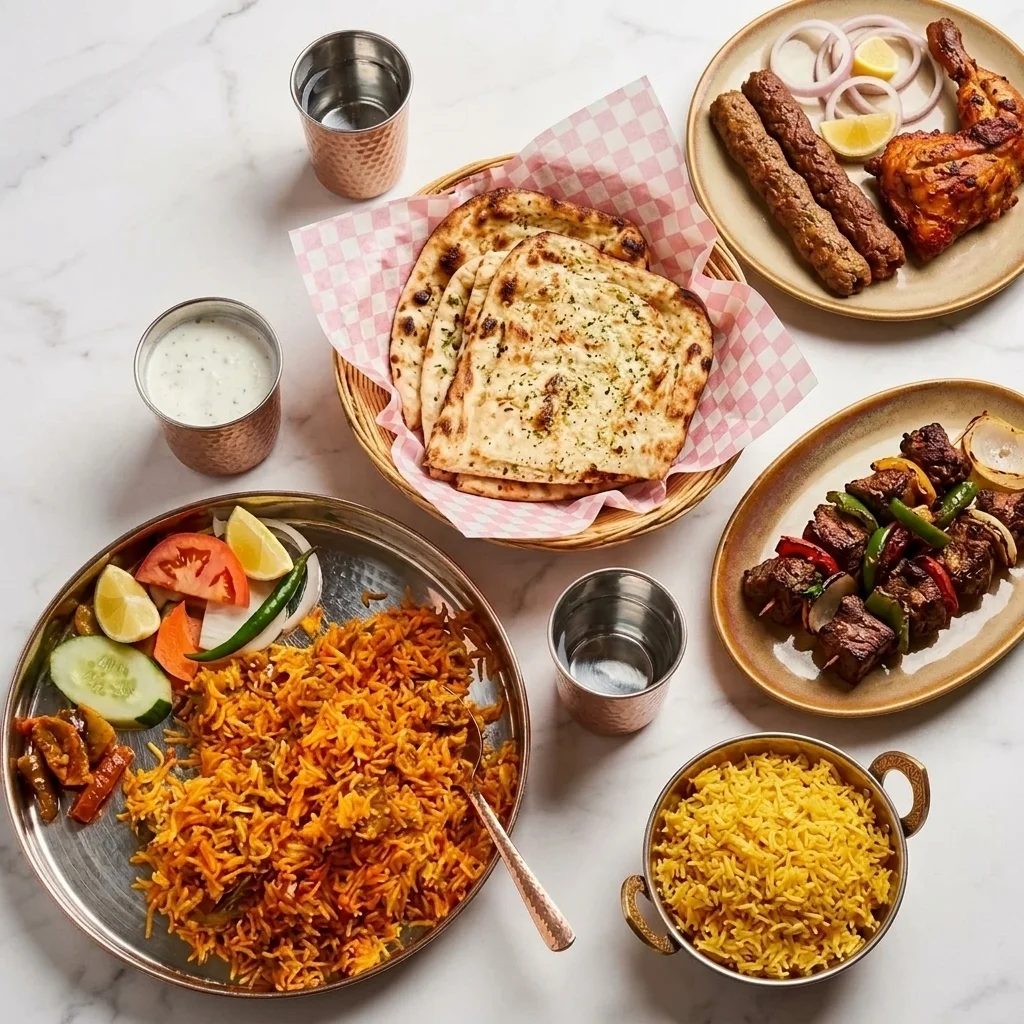 Biryani, garlic naan, seekh kebabs, tandoori chicken and boti kebab spread at Lutf Indo-Pak Cuisine