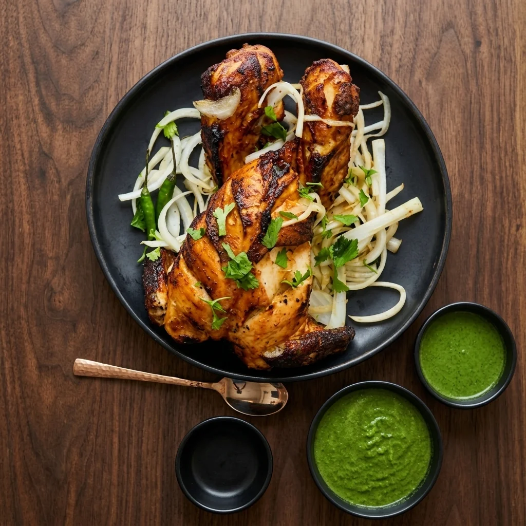 Tandoori chicken with sliced onions and green chutney at Lutf Indo-Pak Cuisine